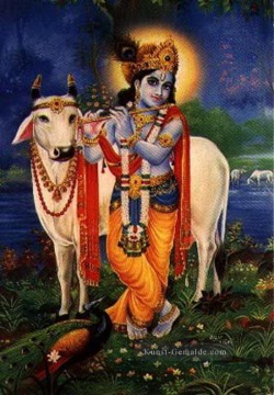 krishna und Pfau Kuh mit Hinduismus Ölgemälde